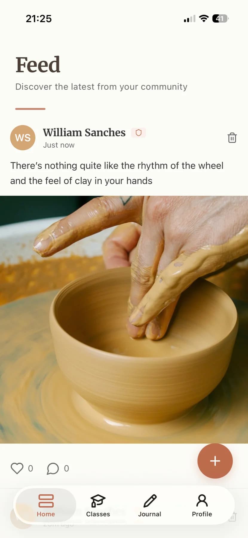 Ceramik app Feed screen - pottery class management feature